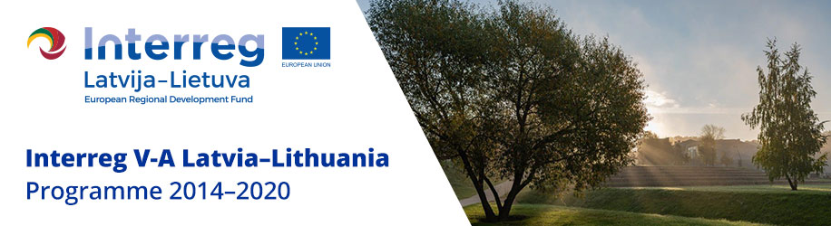 European Union logo alongside a scenic view of Lithuania featuring trees and a pathway, highlighting the natural beauty and landscape of the country.