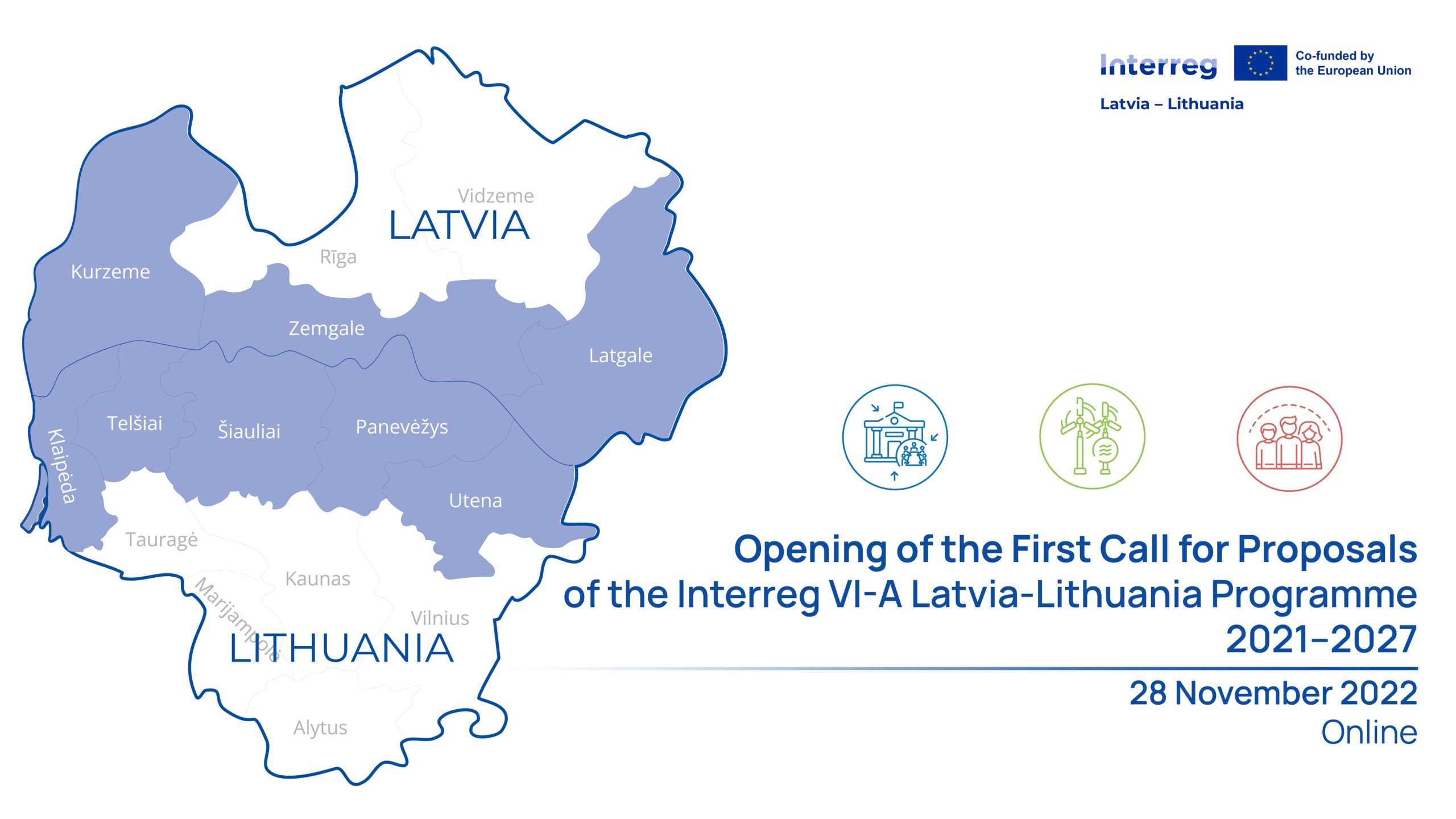 Map highlighting the border region of Latvia and Lithuania, featuring the opening event for the first cross-border cooperation project under Interreg VI-A Latvia-Lithuania. Map highlighting the border region of Latvia and Lithuania, featuring the opening event for the first cross-border cooperation project under Interreg VI-A Latvia-Lithuania.