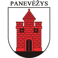 Coat of arms of Panevėžys, featuring a red castle with a diamond-patterned roof, symbolizing the city’s heritage and history.
