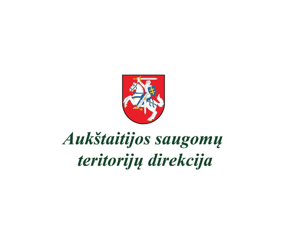 Logo of Aukštaitijos National Park Administration, featuring a shield with a stylized emblem and the text in Lithuanian below.