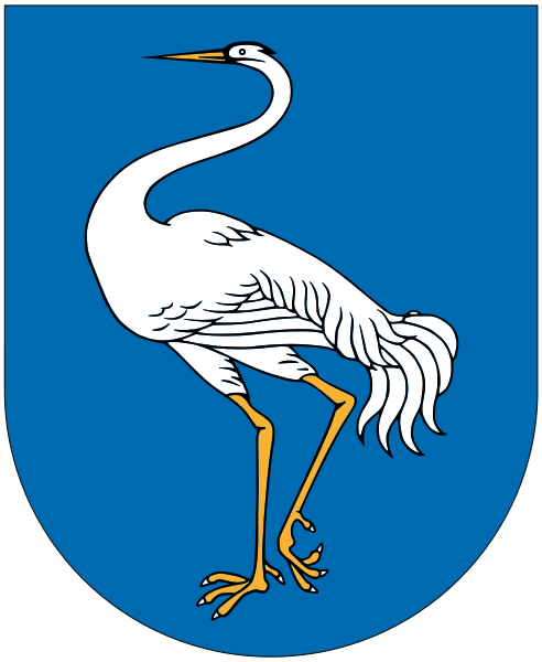 Coat of arms featuring a white stork on a blue background, symbolizing nature and wildlife in heraldry. Coat of arms featuring a white stork on a blue background, symbolizing nature and wildlife in heraldry.