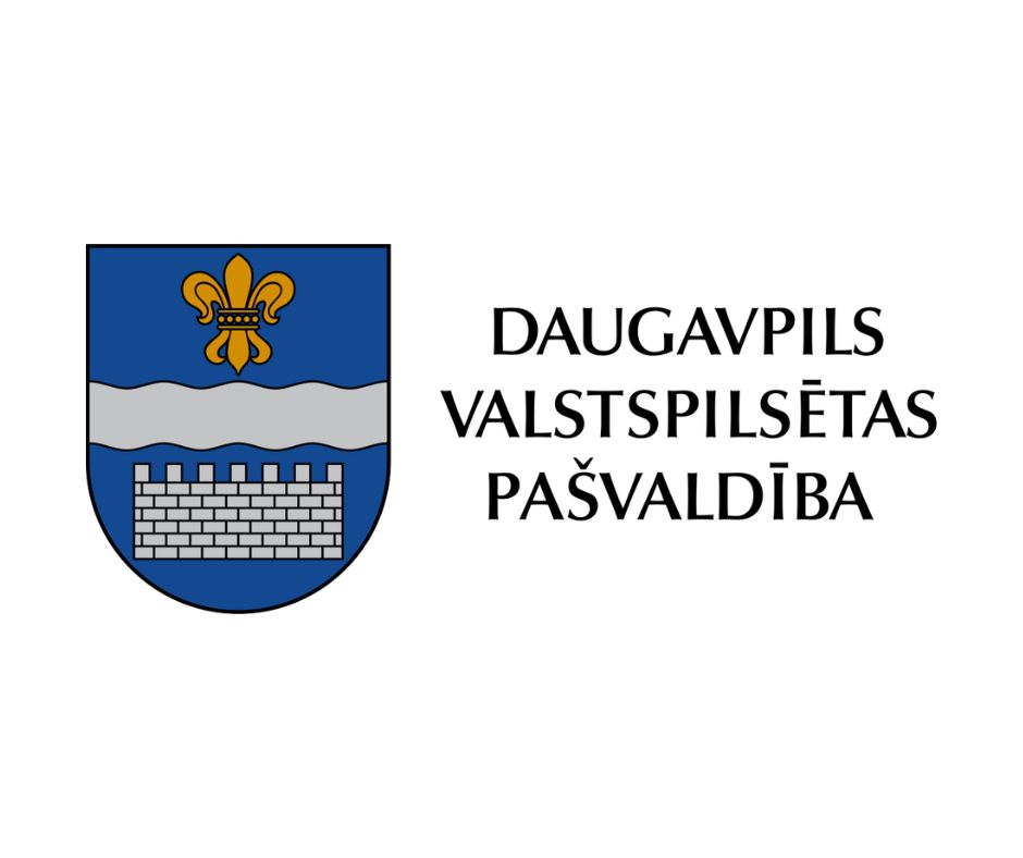 Coat of arms of Daugavpils City Council, featuring a blue shield with a gold fleur-de-lis and a white wavy line representing water, alongside the text "Daugavpils Valstspilsētas Pašvaldība."