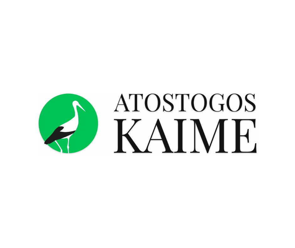 Logo of Atostogos Kaime featuring a stylized stork in a green circle, accompanied by the brand name in a modern font.