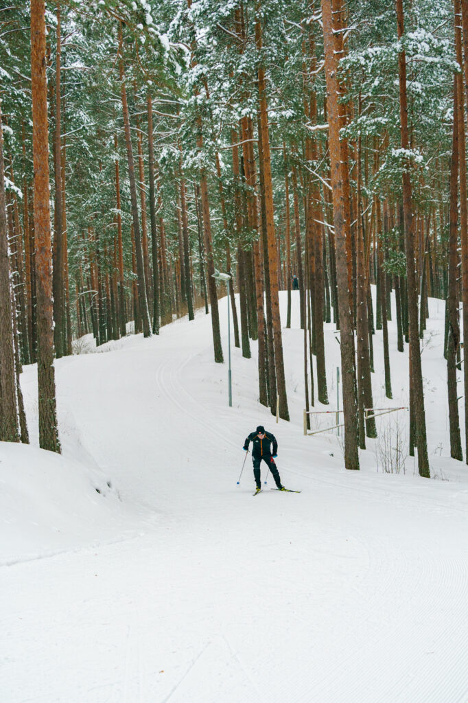 A skier navigating a snowy trail surrounded by tall pine trees in a winter landscape. A skier navigating a snowy trail surrounded by tall pine trees in a winter landscape.