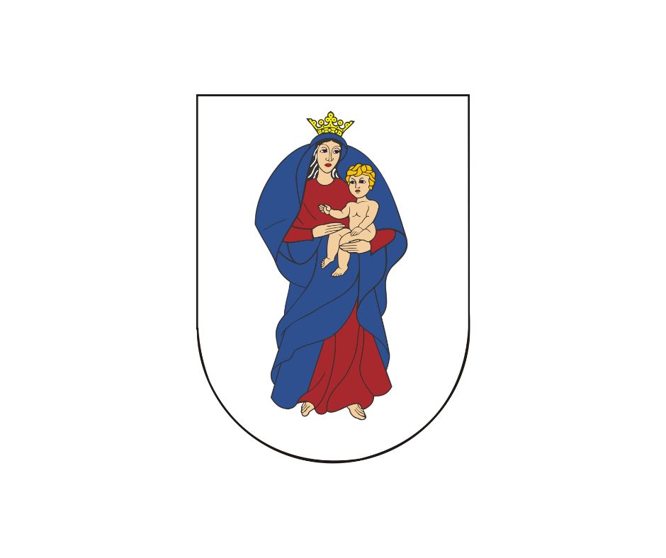 Coat of arms featuring the Virgin Mary holding the infant Jesus, depicted in blue and red, with a golden crown, set against a white background.