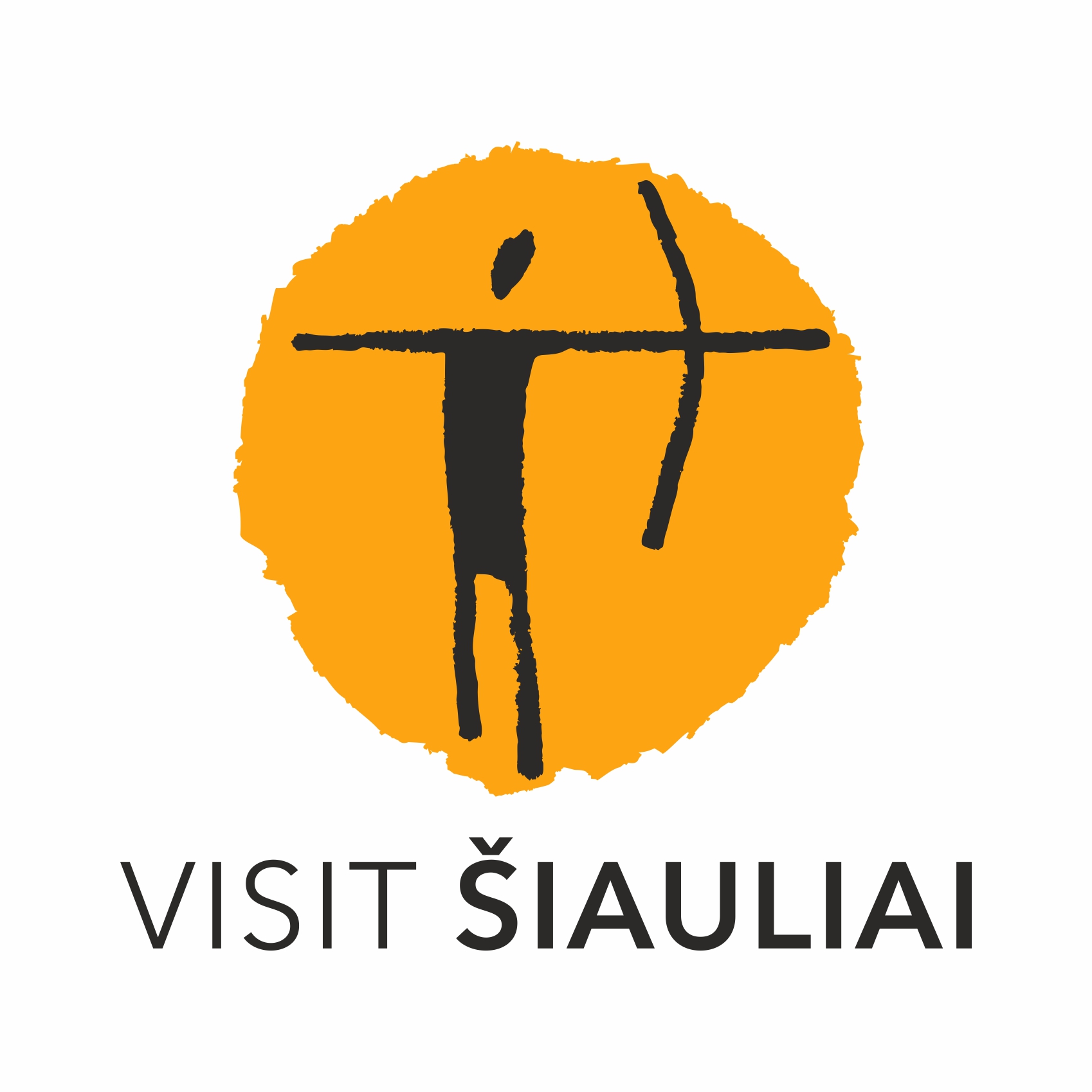 Logo of Visit Šiauliai, featuring a stylized figure with a bow and arrow set against an orange circle, promoting tourism in Šiauliai, Lithuania.