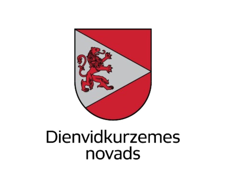 Coat of arms of Dienvidkurzemes novads, featuring a red lion on a white and red shield, symbolizing the region's identity and heritage.
