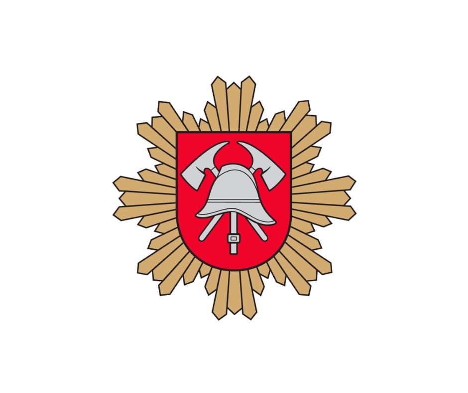 Emblem of a fire department featuring a bell and crossed axes on a red shield, surrounded by golden rays, symbolizing fire safety and emergency response.