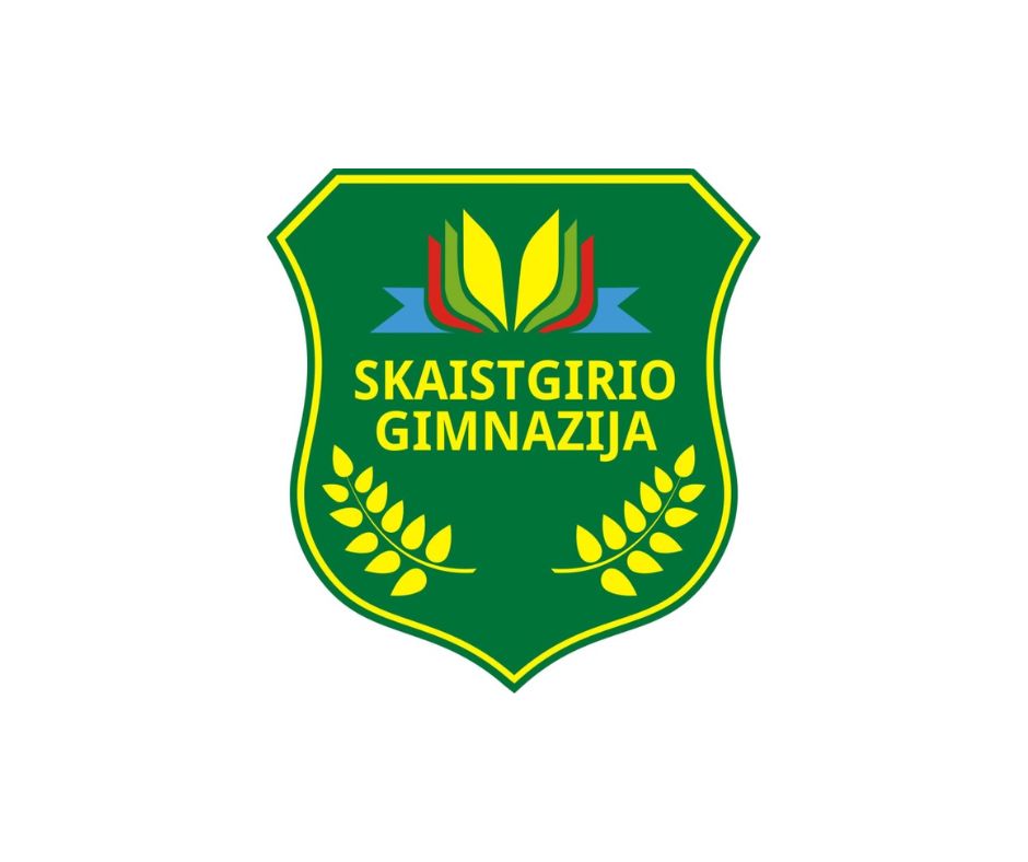 Logo of Skaistgirio Gimnazija featuring a green shield design with stylized leaves and the school's name in bold letters, symbolizing education and growth.
