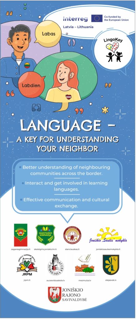 Infographic titled "Language – A Key for Understanding Your Neighbor," highlighting the importance of language in fostering better understanding between neighboring communities, encouraging interaction and involvement in learning languages, and promoting effective communication and cultural exchange.