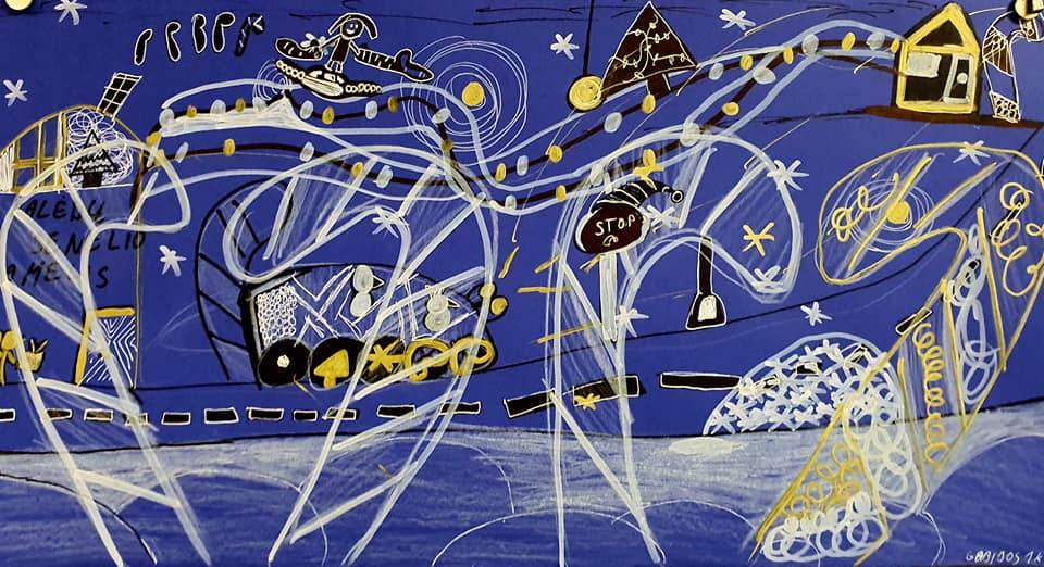 Abstract artwork featuring a vibrant blue background with dynamic white lines and shapes. The composition includes various symbols and figures, such as a pyramid, stars, and other geometric forms, creating an energetic and whimsical atmosphere. Ideal for discussions on contemporary art and abstract expressionism.