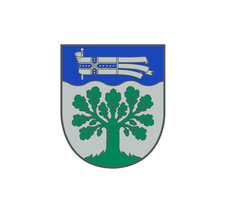 Coat of arms featuring a blue upper section with two white wavy stripes and a green tree design on a gray background, symbolizing heritage and nature.